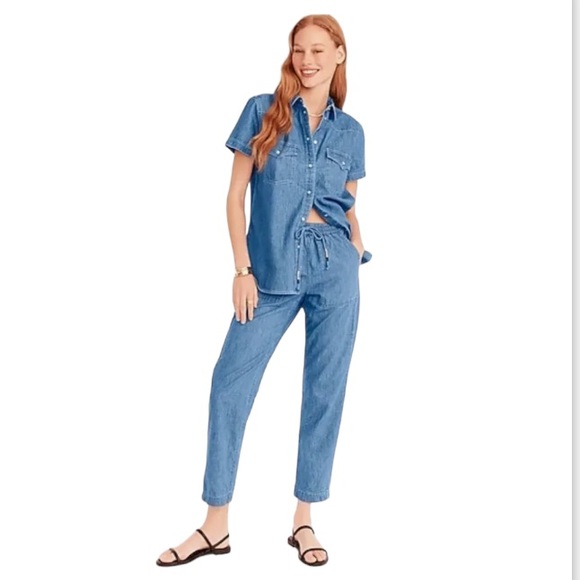 J Crew High Waisted Chambray Drawstring Pull On Relaxed Jeans Blue Size Large